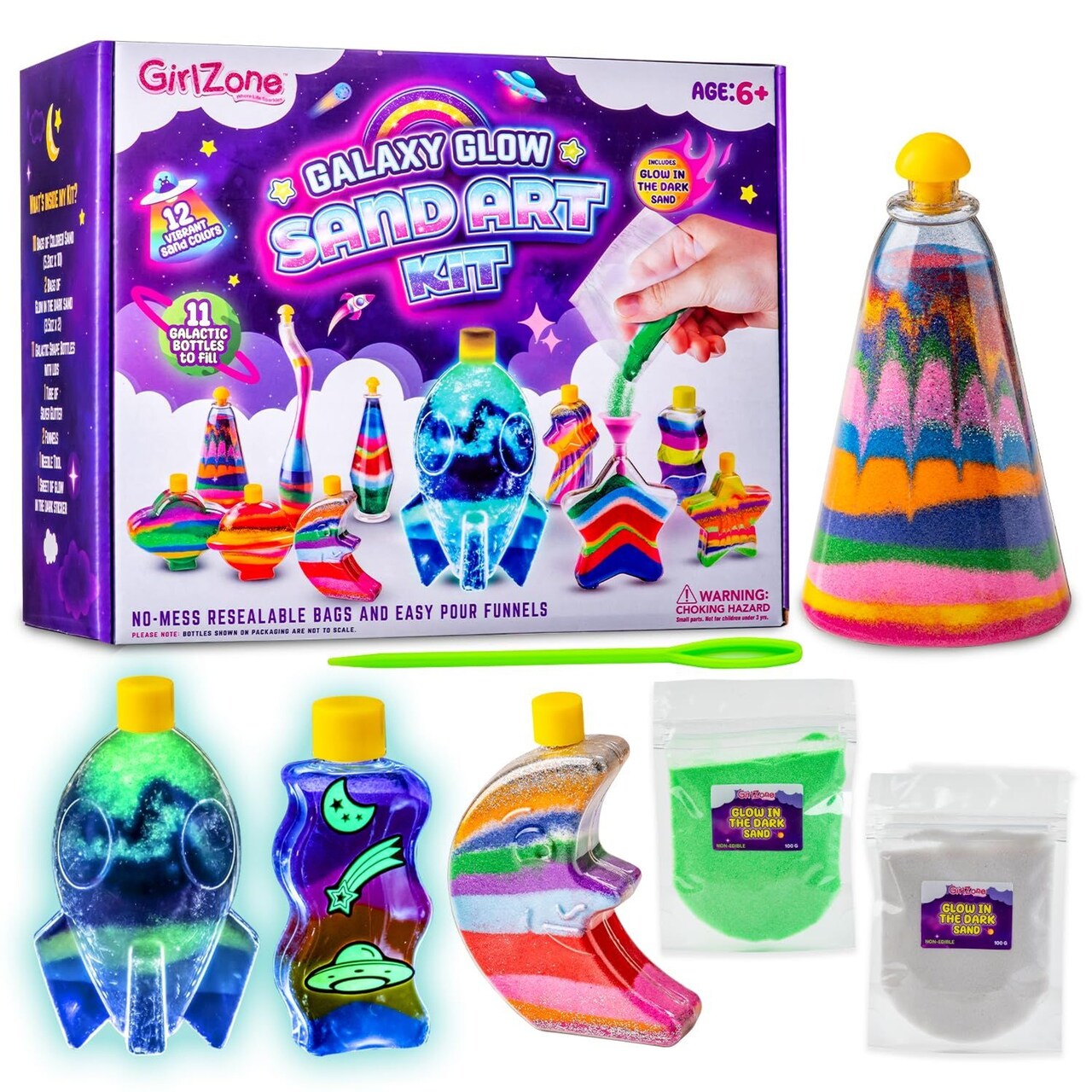 GirlZone Galaxy Glow Sand Art Kit, Sand Art for Kids Kit with Colored Sand & Kids Sand Art Bottles to Make Ultimate Sand Art, Creative Gifts for Kids, For 6+ Years